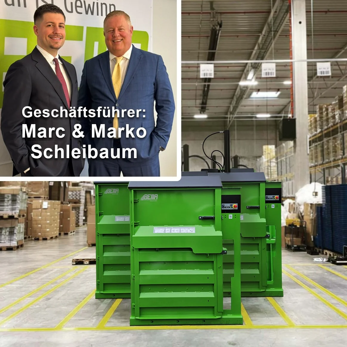 BEMA-Geschäftsführer Marc und Marko Schleibaum vor Firmenlogo, daneben vertikale Ballenpressen in Lagerhalle